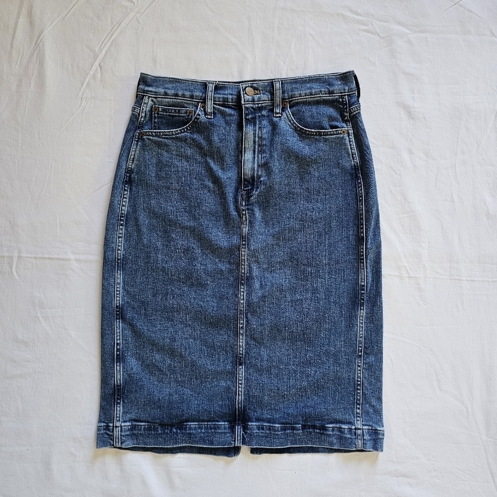 J. Crew denim high-rise retro knee length back split straight skirt Size 6